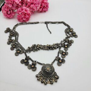 Vintage Oxidized Silver Tribal Layered Necklace Afghan Jingle Jewelry Floral 21"